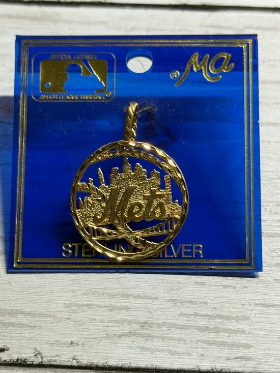 New York Mets MLB Logo Art Sterling Silver Baseball Pendant  NY Mets Skyline Pendant Gold Plated Sterling Silver Diamond Cut Charm MLB New